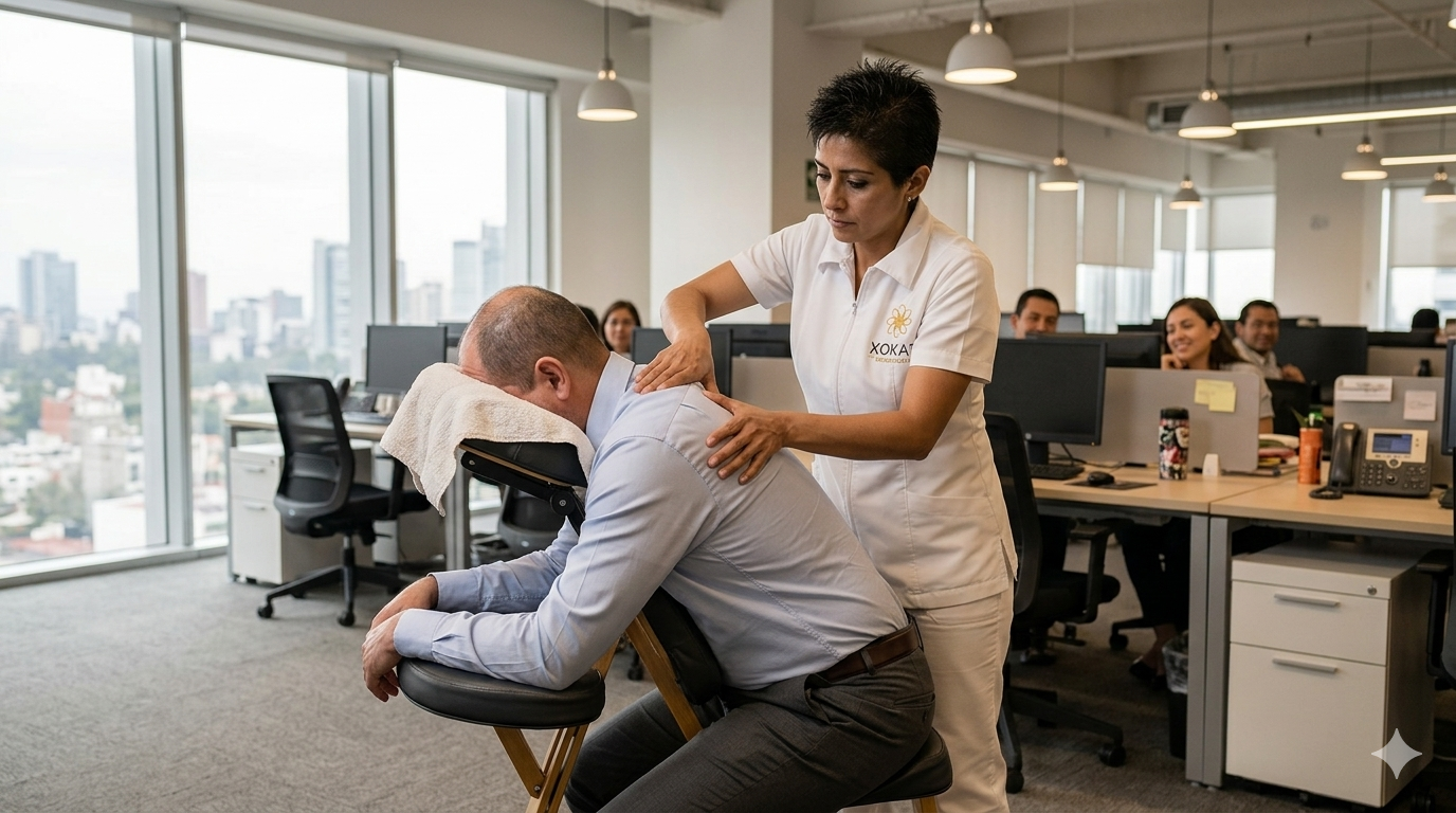 Terapia Shiatsu en silla en oficina corporativa CDMX